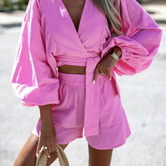 Conjunto de dos piezas de top y pantalones cortos de lino y algodón con cordones, manga larga, cuello en V, holgado e informal para mujer