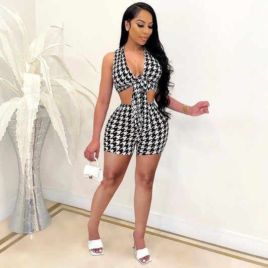 Women Print Casual Lace-Up Vest Top And Shorts Two-Piece Set