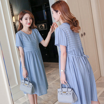 Pregnant Women Fashion Casual Stripe Lapel Short-Sleeve Lace-Up Loose Dress