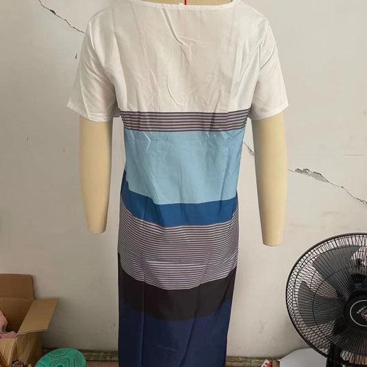 Vestido midi holgado informal de manga corta con cuello redondo y bloques de color para mujer