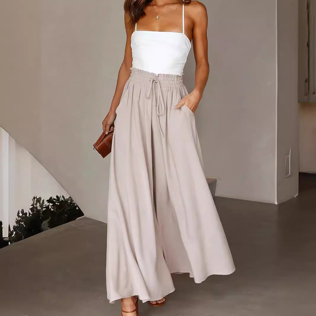 Women Fashion Casual Loose Solid Color Drawstring High-Waist Wide Leg Pants