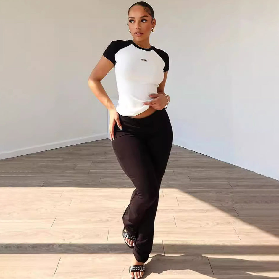 Summer Women Casual Round Neck Short-Sleeved T-Shirt Top Pants Two-Piece Set