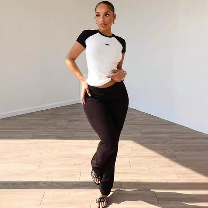 Summer Women Casual Round Neck Short-Sleeved T-Shirt Top Pants Two-Piece Set