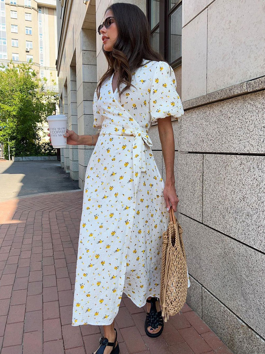 Women Fashion Casual Floral Printed V-Neck Puff Sleeve Lace-Up Dress