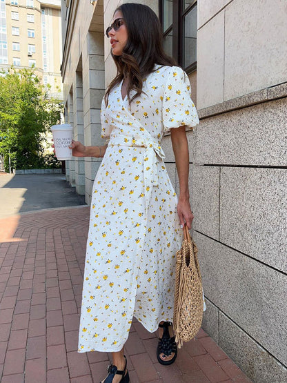 Women Fashion Casual Floral Printed V-Neck Puff Sleeve Lace-Up Dress