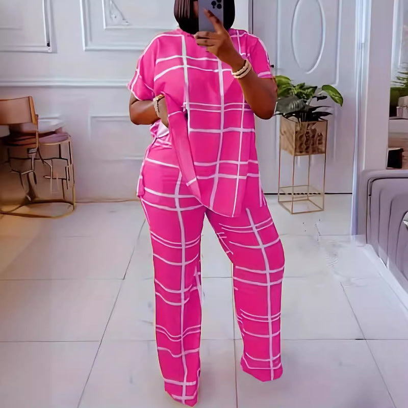 Conjunto de dos piezas informal de talla grande para mujer, con estampado a cuadros, manga corta, pantalones anchos