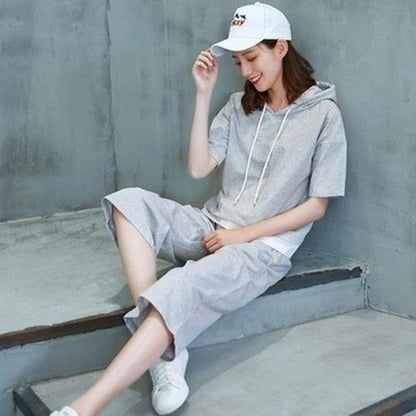 Women Casual Sports Short-Sleeved Hooded Top Pants Two-Piece Set