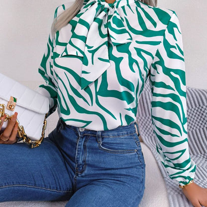 Women Fashion Casual Color Block Stripe Lace-Up Lantern Sleeve Chiffon Top