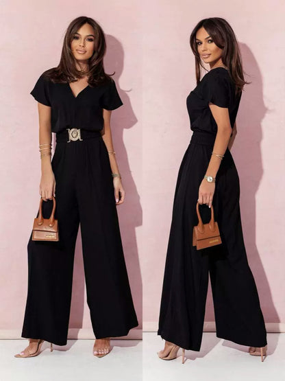 Women Fashion Casual Solid Color V-Neck Short Sleeve Belt Slim-Fit Jumpsuits