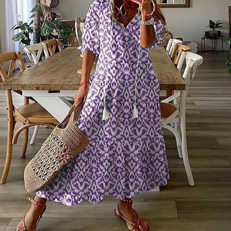 Women Casual Loose V Neck Floral Maxi Dress