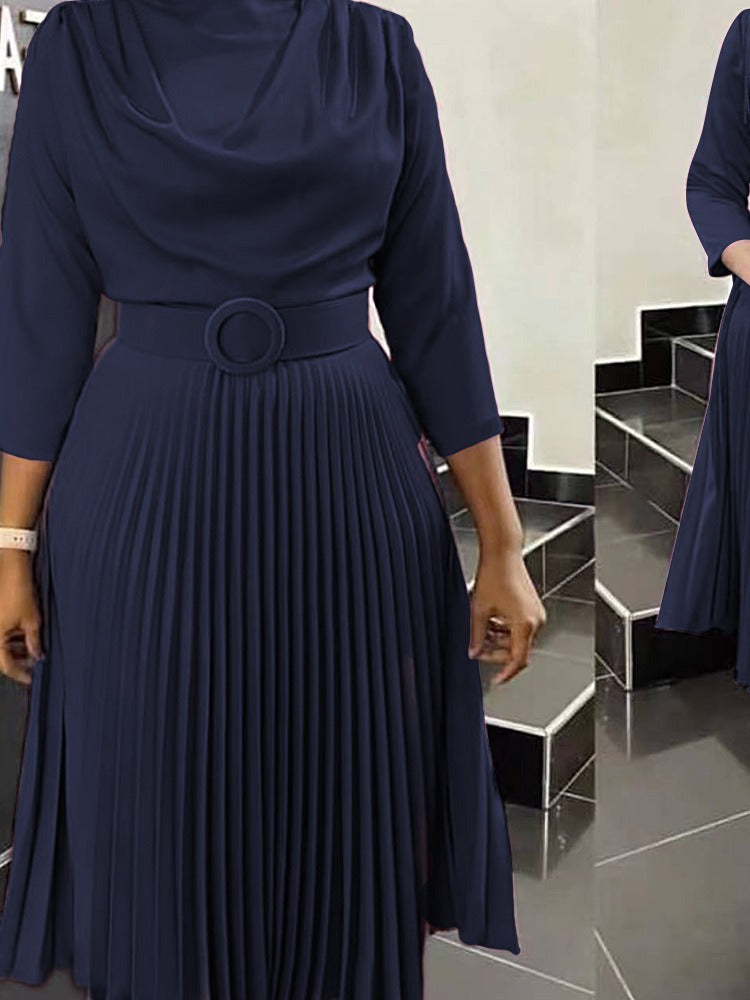 Vestido informal de manga larga plisado de color liso para mujer, talla grande