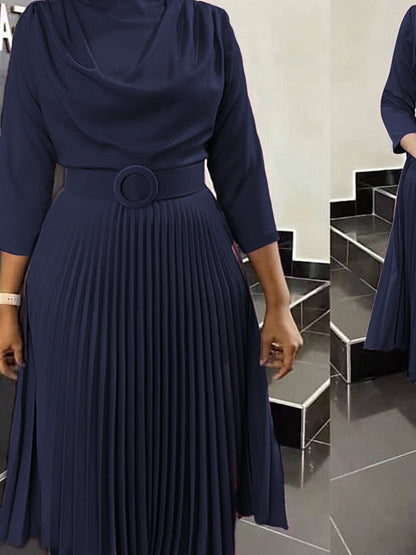 Vestido informal de manga larga plisado de color liso para mujer, talla grande
