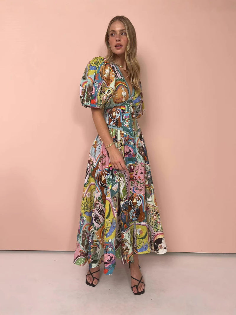 Vestido informal de vacaciones con cuello en V y mangas abullonadas para mujer