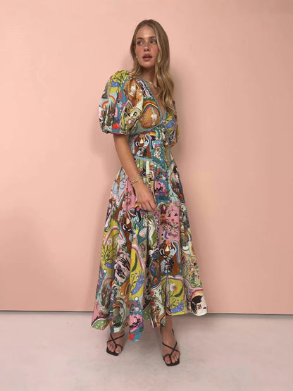 Vestido informal de vacaciones con cuello en V y mangas abullonadas para mujer