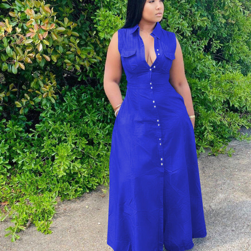 Women Fashion Casual Plus Size Solid Color Lapel Sleeveless Maxi Dress