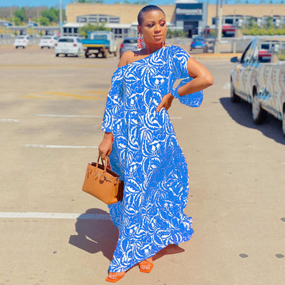 Summer Women Fashion Casual Oblique Shoulder Geometric Print Loose Maxi Dress