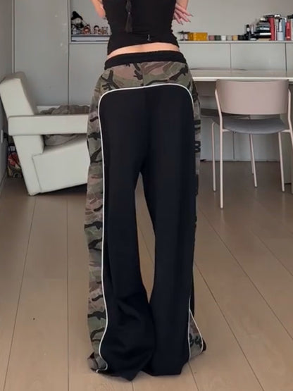 Women Fashion Casual Camouflage Stitching Drawstring Loose Pants