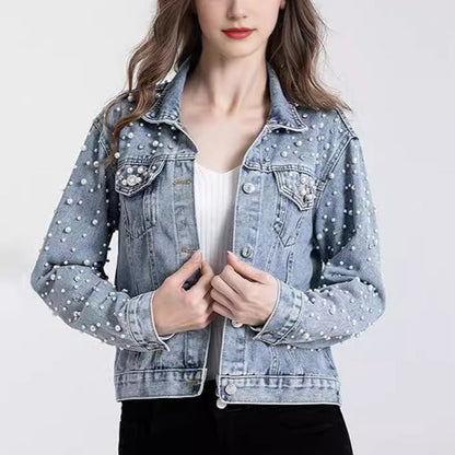 Chaqueta vaquera informal de manga larga con solapa y perlas y diamantes de imitación para mujer