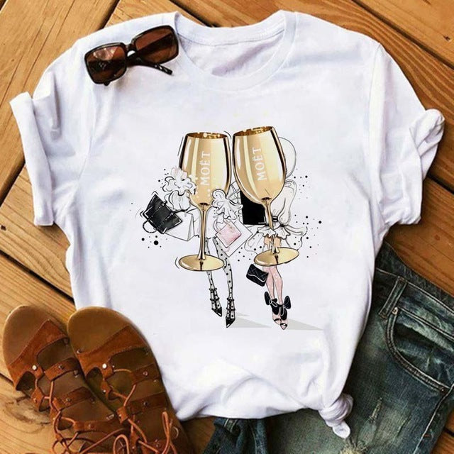 Camiseta holgada informal de manga corta con estampado gráfico de vino para mujer