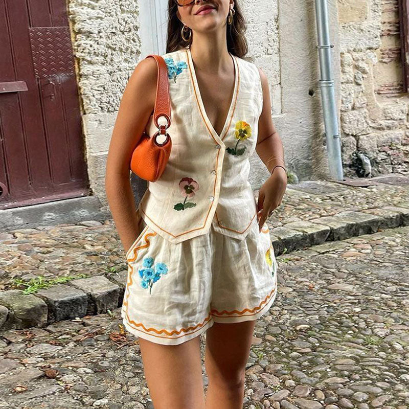 Conjunto de dos piezas formado por chaleco y pantalón corto, informal, estilo bohemio, sin mangas, con estampado floral, para mujer, para vacaciones de primavera y verano