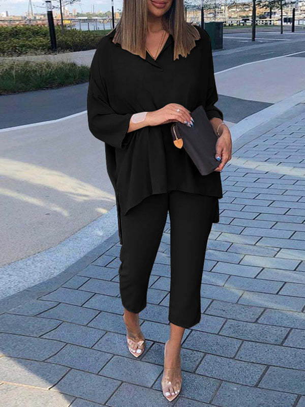 Conjunto de dos piezas de top y pantalón de manga larga con cintura elástica informal de algodón de color liso para mujer