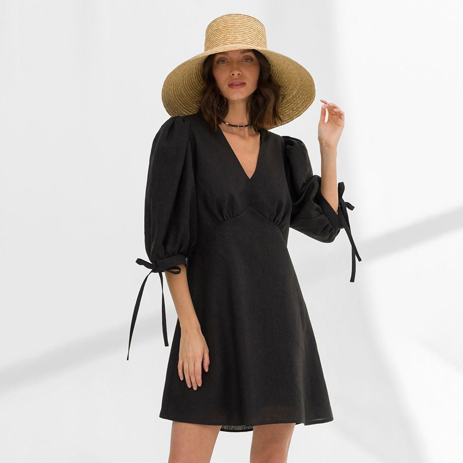 Women Fashion Casual Solid Color Cotton Linen V-Neck Bubble Sleeve Loose Dress