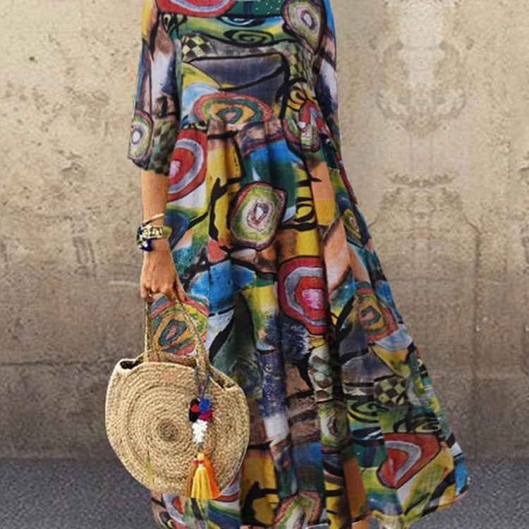 Vestido elegante informal de cuello redondo y manga corta con estampado integral para mujer, talla grande