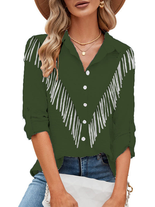 Blusa informal de manga larga con solapa y borlas de diamantes de imitación para mujer