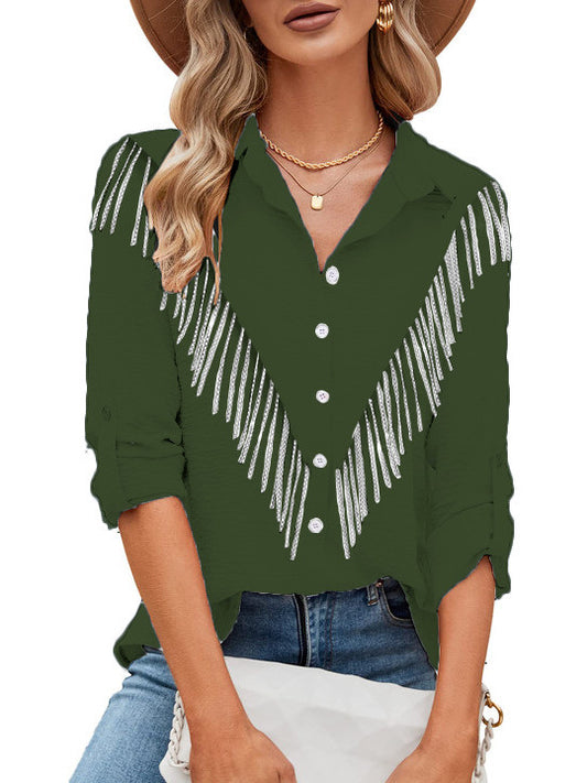Blusa informal de manga larga con solapa y borlas de diamantes de imitación para mujer