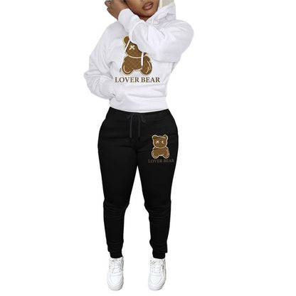 Autumn Winter Thickened Hooded Bear Pattern Sweatshirt And Pants Women Casual Athleisure Set