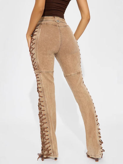 Women Fashion Casual Tight Side Drawstring Jeans