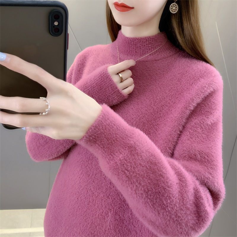 Suéter de felpa grueso y suelto con cuello medio alto de color liso informal a la moda para mujer