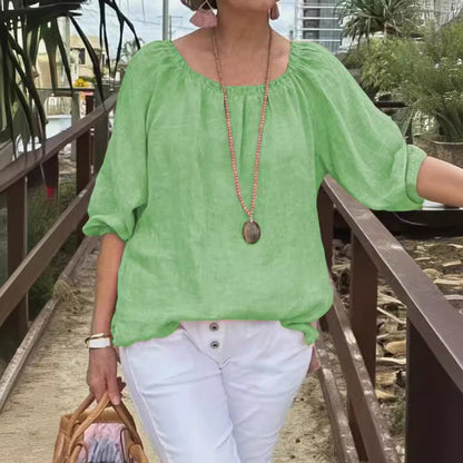 Women Casual Solid Color Round Neck Cotton Linen Plus Size Top