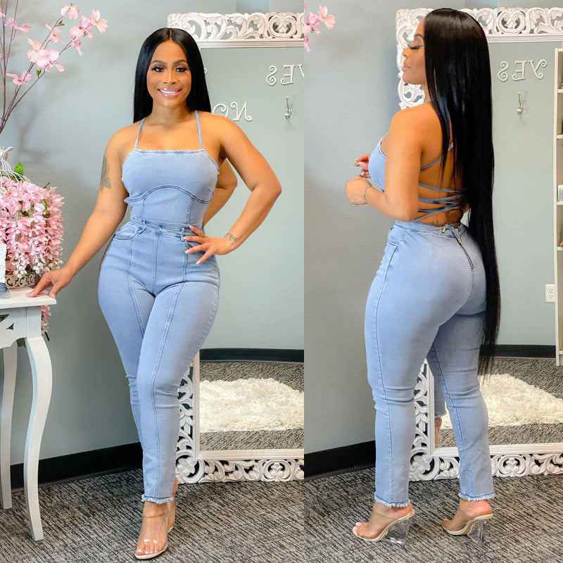 Women Casual Fashion Slim Backless Lace Up Denim Jumpsuit