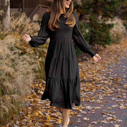 Vestido midi liso con mangas abullonadas y cuello redondo vintage informal para mujer de otoño e invierno