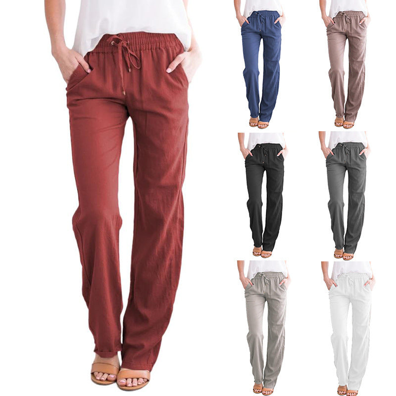 Pantalones holgados informales de lino y algodón de color liso para mujer con cordón ajustable