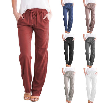 Pantalones holgados informales de lino y algodón de color liso para mujer con cordón ajustable