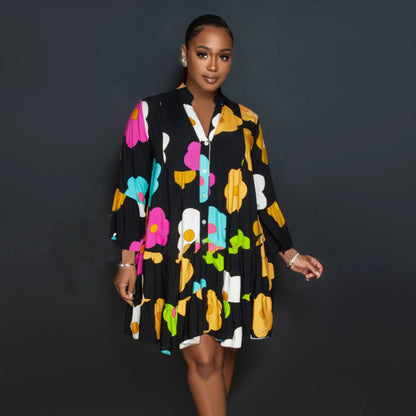 Vestido informal de manga larga con estampado floral y botonadura sencilla para mujer