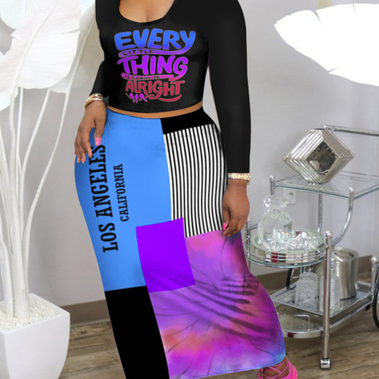 Conjunto de dos piezas formado por top y falda de manga larga, estampado de letras y rayas, informal, a la moda para mujer, talla grande