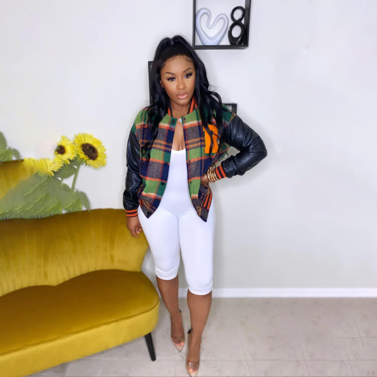 Autumn And Winter Plus Size Women Plaid Casual Pu Patchwork Baseball Jacket