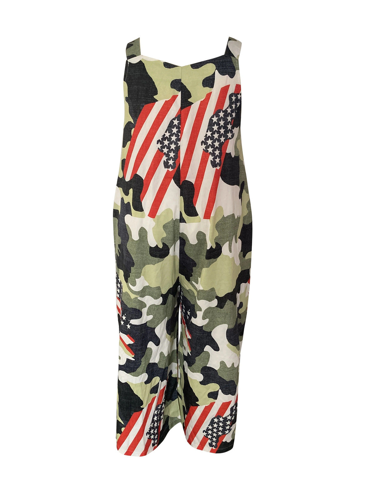 Women Fashion Casual Plus Size Digital Printing Flag Element Sleeveless Jumpsuit