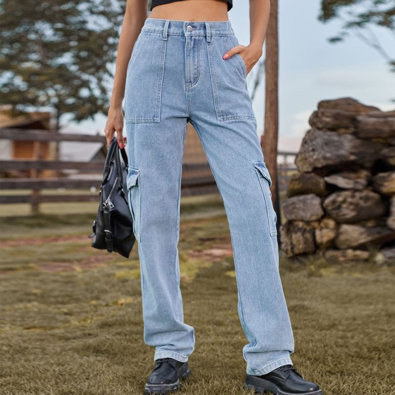 Women Fashion Casual High Waist Denim Cargo Pants