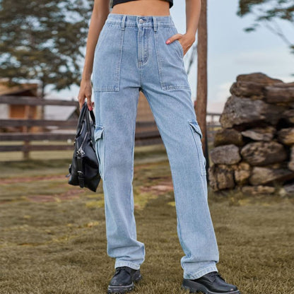 Women Fashion Casual High Waist Denim Cargo Pants