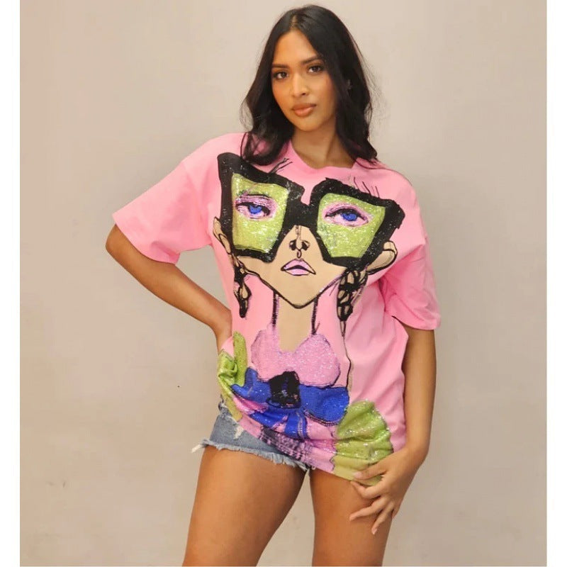Camiseta informal holgada con cuello redondo y media manga para mujer con estampado gráfico