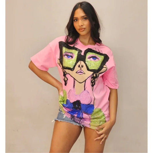 Camiseta informal holgada con cuello redondo y media manga para mujer con estampado gráfico