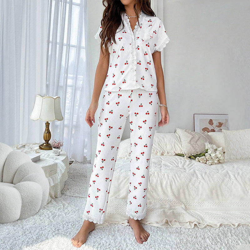 Conjunto de pijama informal para mujer con estampado de cerezas, encaje, manga larga, solapa y pantalones holgados