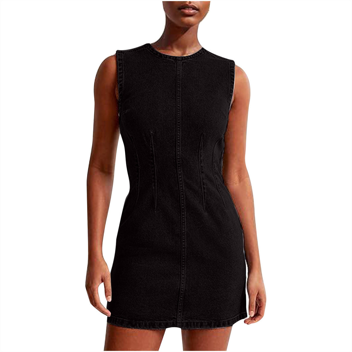 Vestido vaquero informal sencillo de color liso con cuello redondo, sin mangas y corte ajustado para mujer