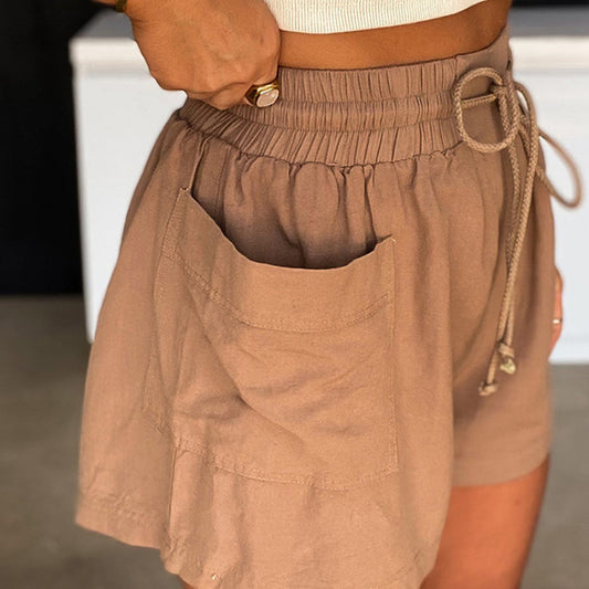Women Casual Solid Color Cotton High Waist Drawstring Slim Shorts