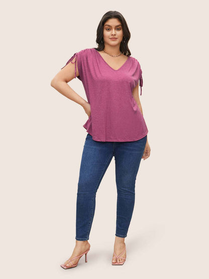 Summer Women Fashion Casual Plus Size V-Neck Drawstring Short-Sleeved T-Shirt Top