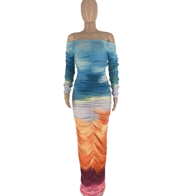 Vestido largo informal elegante con estampado tie-dye, hombros descubiertos y manga larga con pliegues para mujer